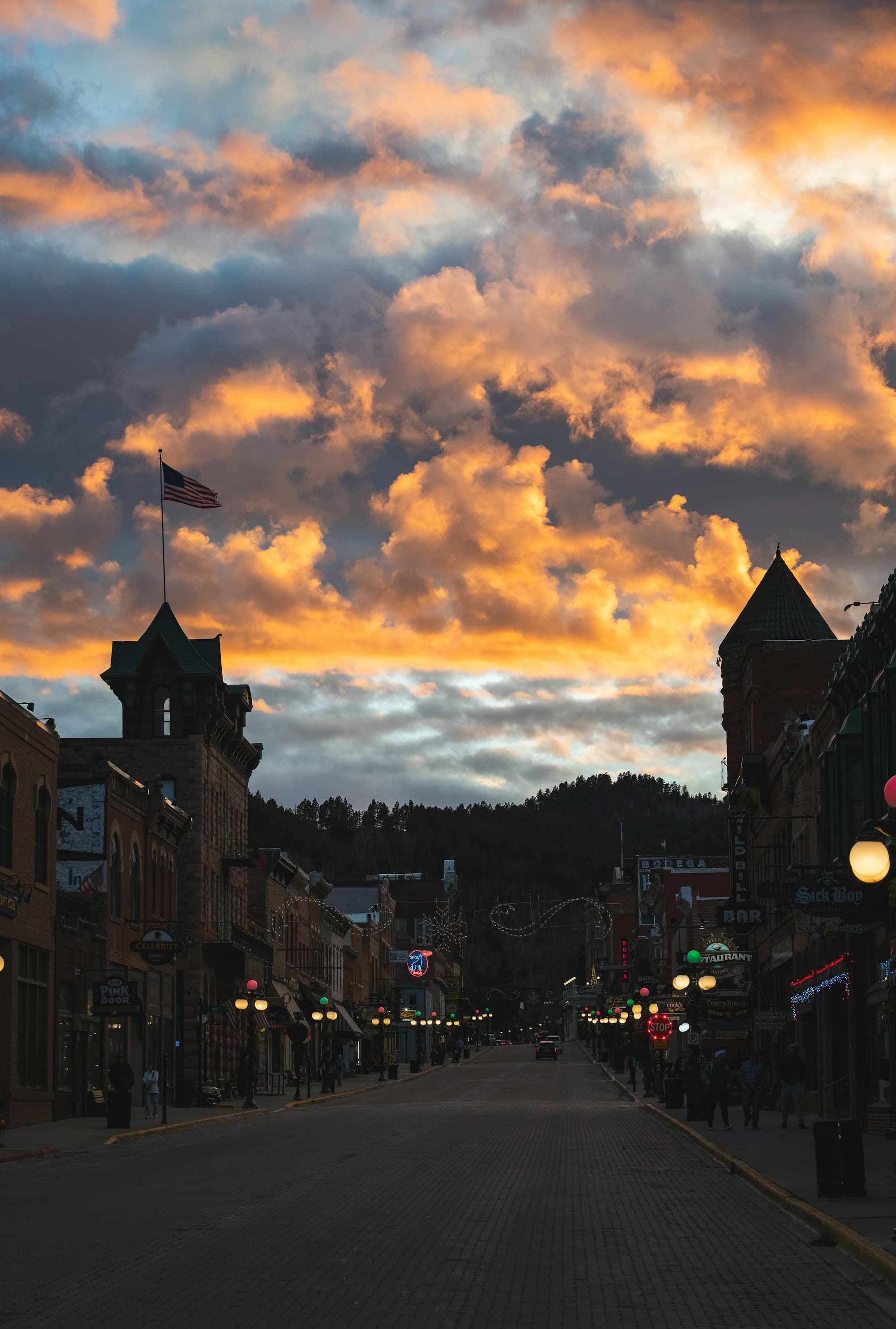 Historic main street in downtown Franklin, Tennessee at sunset